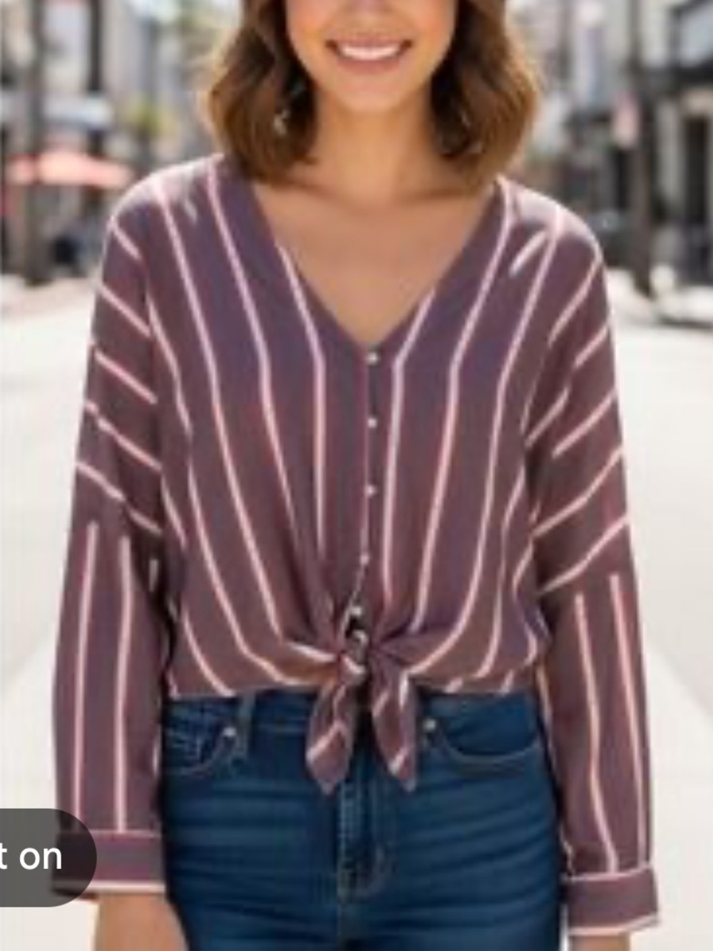 Express burgundy and white vertically striped tie-front button-up blouse